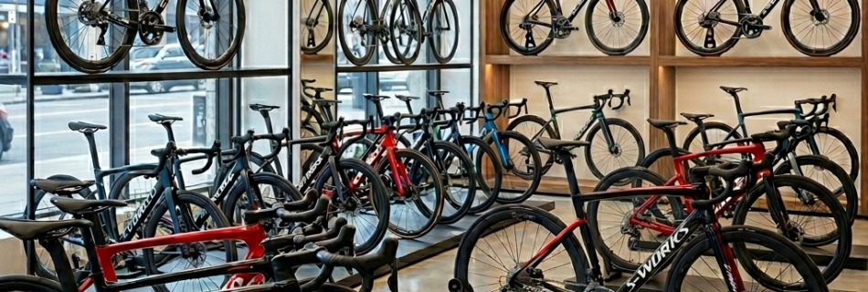 Luxury racing bike showroom featuring professional road bicycles and modern retail design