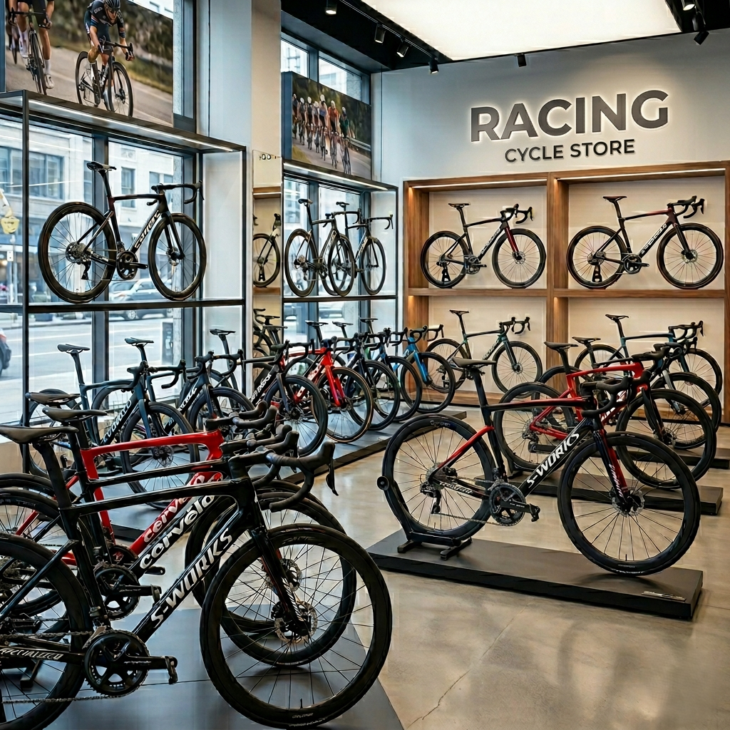 Luxury racing bike showroom featuring professional road bicycles and modern retail design
