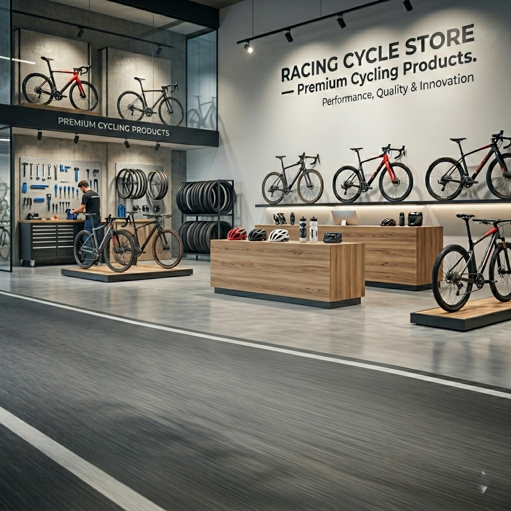 Premium Racing Cycle Store showcasing high-performance racing bicycles, professional cycling accessories, helmets, jerseys, shoes, smart cycling computers, and bike components for professional riders and cycling enthusiasts."